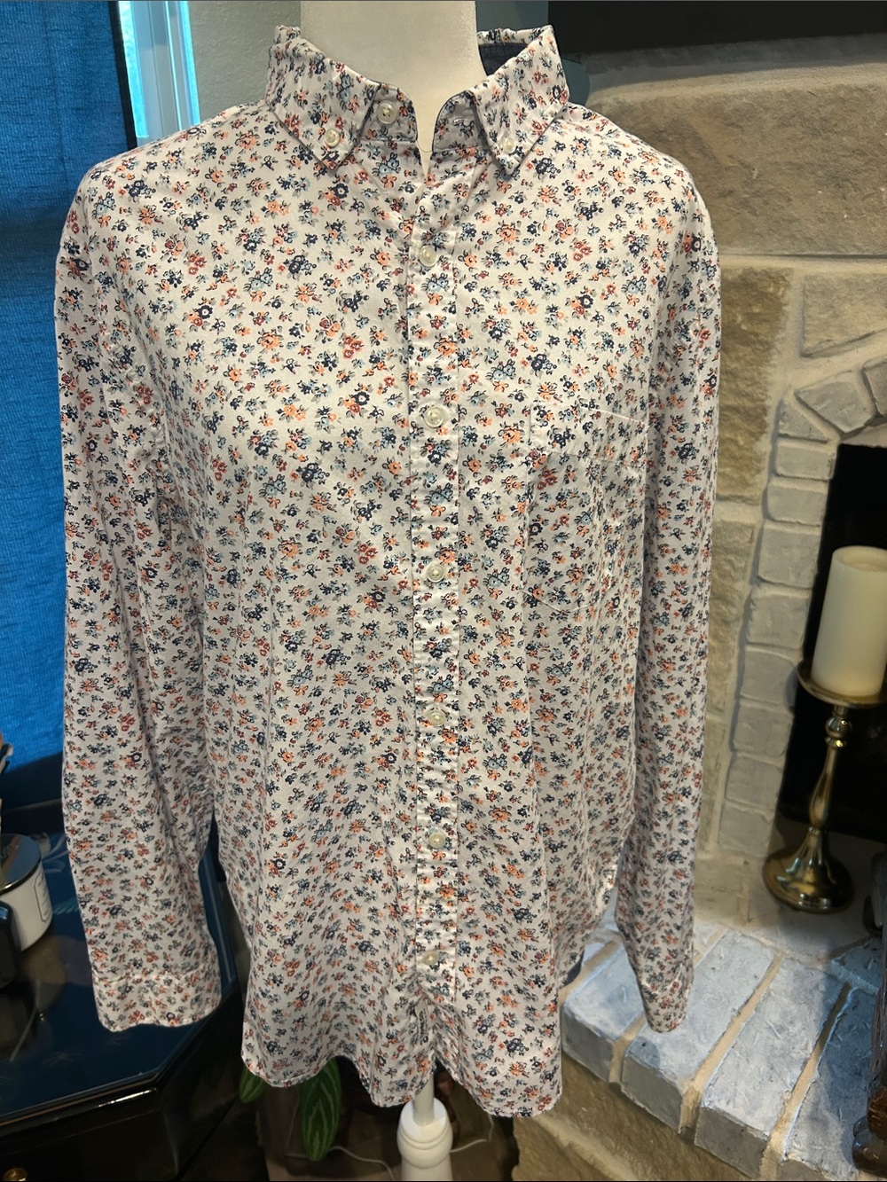 Express Men's White Button-Down Shirt with Blue and Orange Micro Floral Print